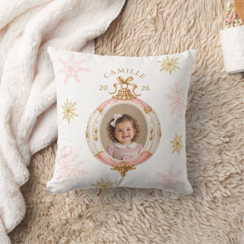 Pink and Gold Snowflake Christmas Photo Pillow