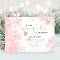 Pink and gold snowflake winter girl baby shower invitation