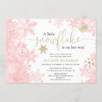 Pink and gold snowflake winter girl baby shower invitation