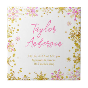 Pink and Gold Snowflakes Baby Birth Statistics Ceramic Tile