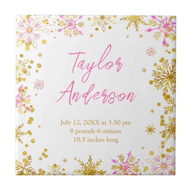 Pink and Gold Snowflakes Baby Birth Statistics Ceramic Tile (Front)