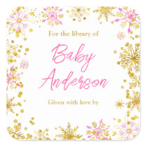 Pink and Gold Snowflakes Baby Shower Bookplate