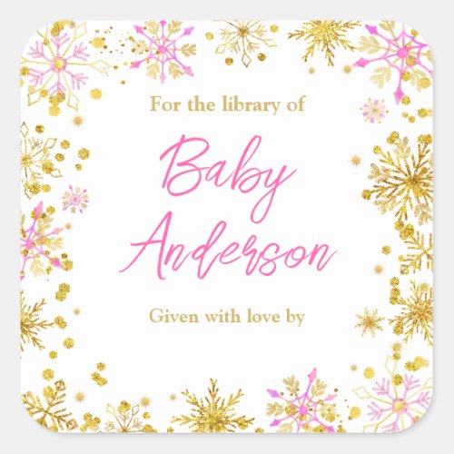 Pink and Gold Snowflakes Baby Shower Bookplate