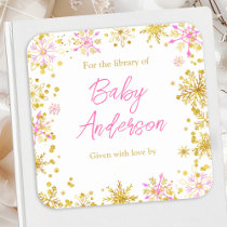 Pink and Gold Snowflakes Baby Shower Bookplate