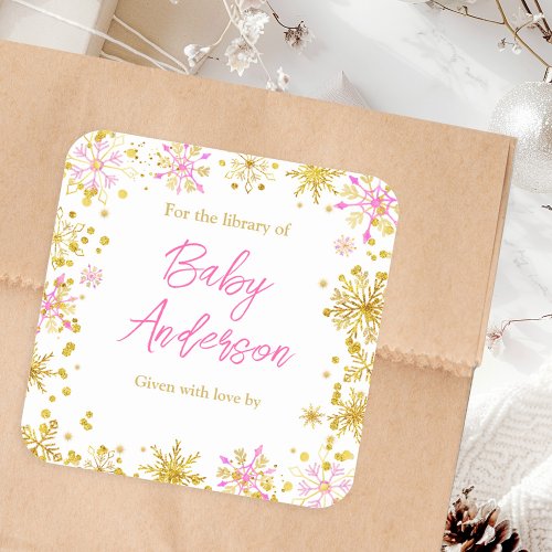 Pink and Gold Snowflakes Baby Shower Bookplate