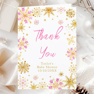 Pink and Gold Snowflakes Baby Shower Letterpress Thank You Card