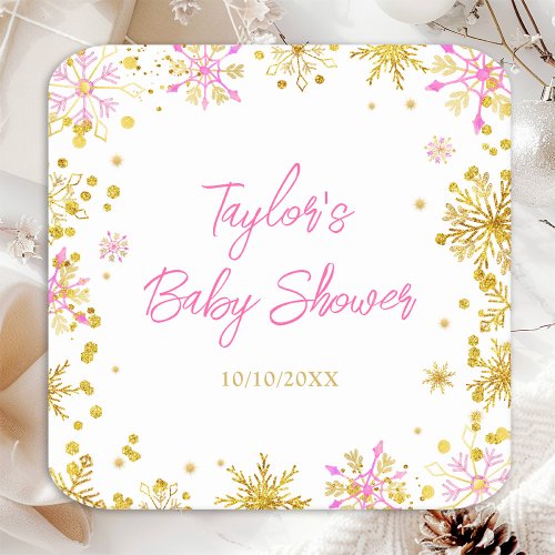 Pink and Gold Snowflakes Baby Shower Square Paper Coaster