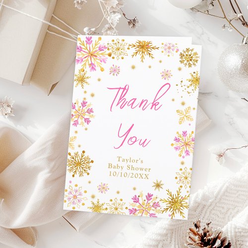 Pink and Gold Snowflakes Baby Shower Thank You Card