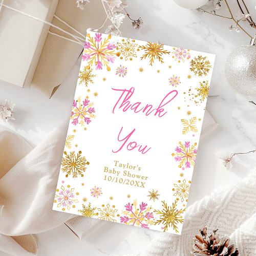 Pink and Gold Snowflakes Baby Shower Thank You Card