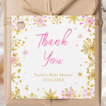 Pink and Gold Snowflakes Baby Shower Thank You Favor Tags