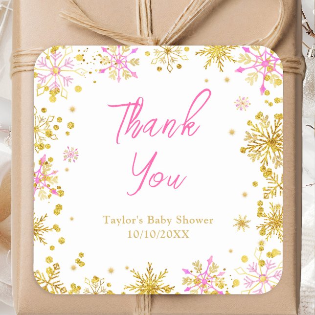 Pink and Gold Snowflakes Baby Shower Thank You Square Sticker (Creator Uploaded)