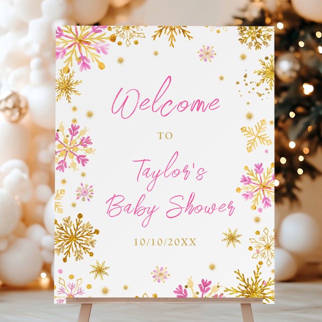 Pink and Gold Snowflakes Baby Shower Welcome Foam Board (Creator Uploaded)