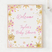 Pink and Gold Snowflakes Baby Shower Welcome Poster