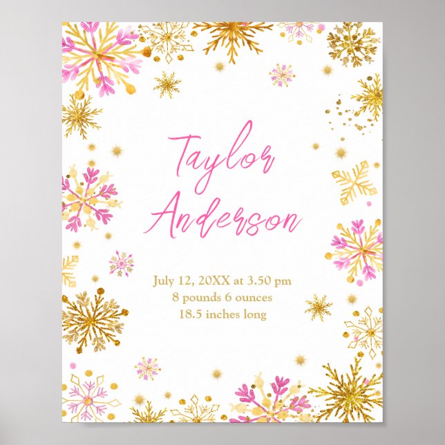 Pink and Gold Snowflakes Birth Stats Poster (Front)
