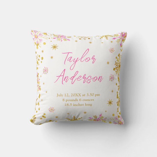Pink and Gold Snowflakes Birth Stats Throw Pillow (Front)