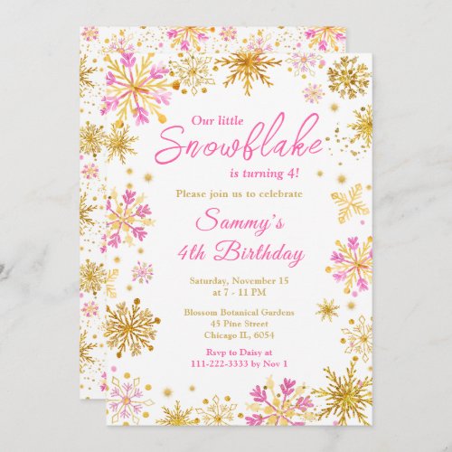 Pink and Gold Snowflakes Birthday Party Invitation