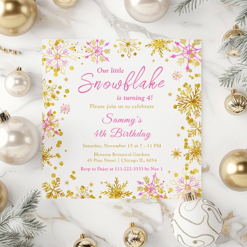 Pink and Gold Snowflakes Birthday Party Invitation