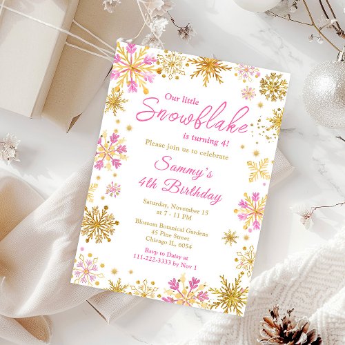 Pink and Gold Snowflakes Birthday Party Invitation