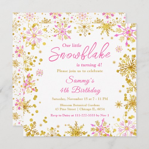 Pink and Gold Snowflakes Birthday Party Invitation