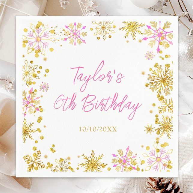 Pink and Gold Snowflakes Birthday Party Napkins (Creator Uploaded)