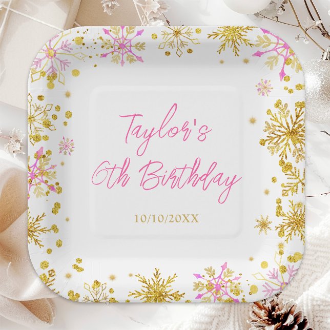 Pink and Gold Snowflakes Birthday Party Paper Plates (Creator Uploaded)