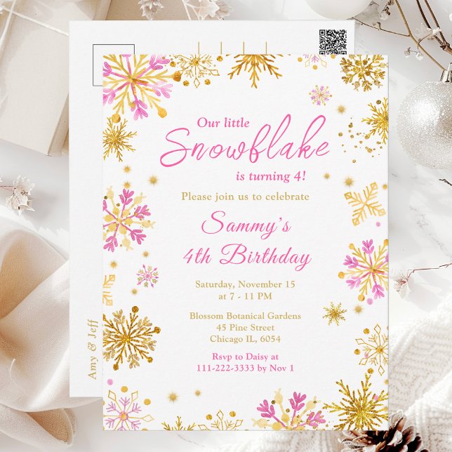 Pink and Gold Snowflakes Birthday Party Postcard (Creator Uploaded)