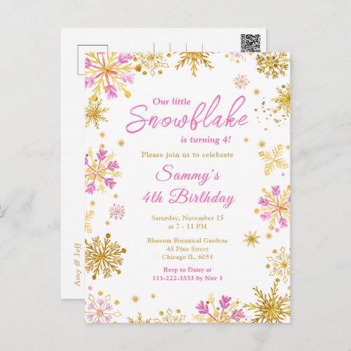 Pink and Gold Snowflakes Birthday Party Postcard