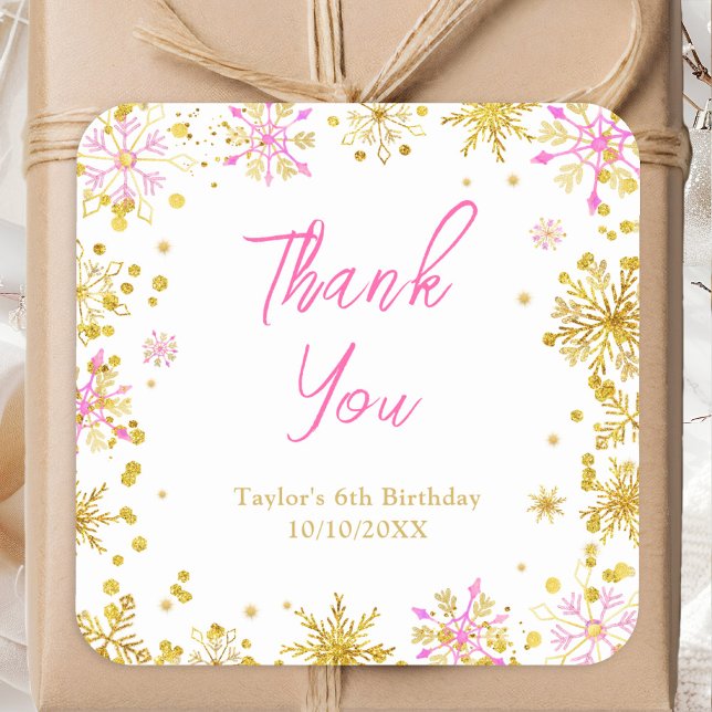 Pink and Gold Snowflakes Birthday Thank You Square Sticker (Creator Uploaded)