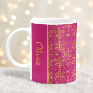 Pink and Gold Snowflakes Christmas Mug with Name