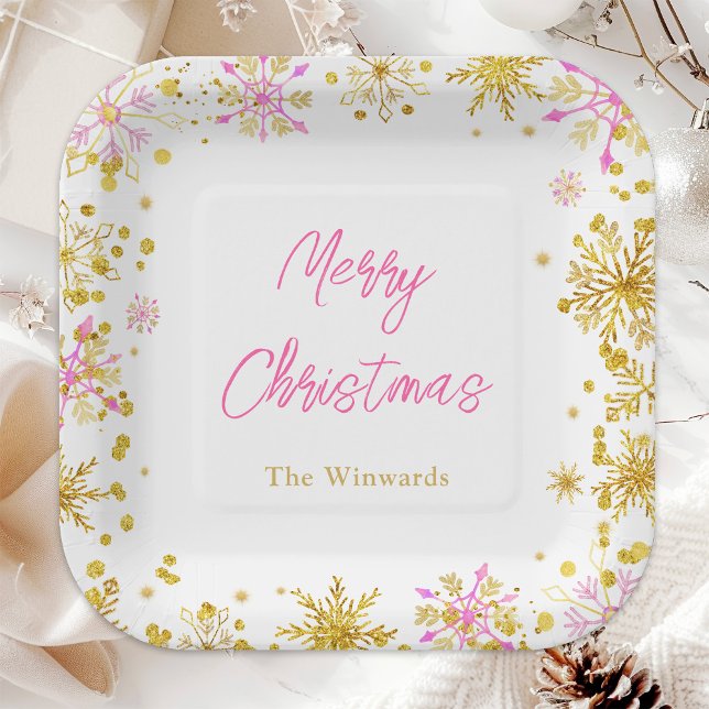 Pink and Gold Snowflakes Christmas Party Paper Plates (Creator Uploaded)