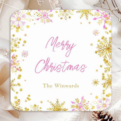 Pink and Gold Snowflakes Christmas Party Square Paper Coaster