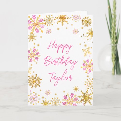 Pink and Gold Snowflakes Happy Birthday Card