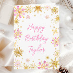 Pink and Gold Snowflakes Happy Birthday Card<br><div class="desc">This elegant and glamorous watercolor birthday card can be personalized with a name or title, such as mom, daughter, granddaughter, niece, friend etc. It features watercolor pink and gold faux glitter snowflakes and sparkles on a white background. The text combines handwritten script and modern sans serif fonts for a classy...</div>