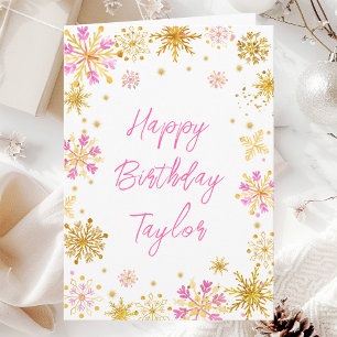 Pink and Gold Snowflakes Happy Birthday Card