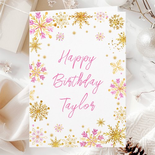Pink and Gold Snowflakes Happy Birthday