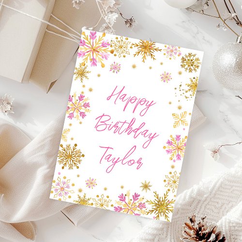 Pink and Gold Snowflakes Happy Birthday Card