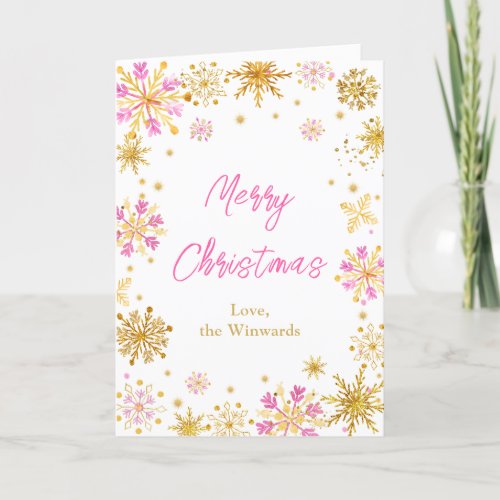Pink and Gold Snowflakes Merry Christmas Holiday Card