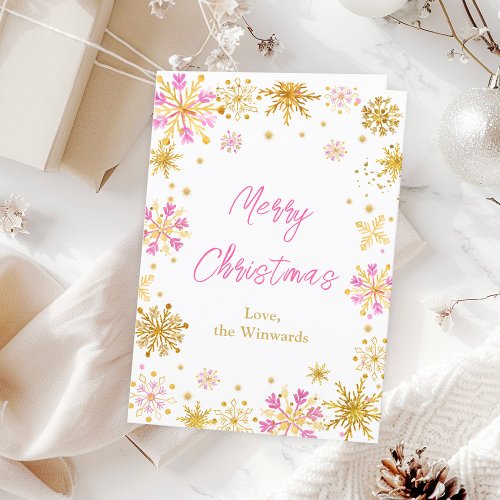 Pink and Gold Snowflakes Merry Christmas Holiday Card