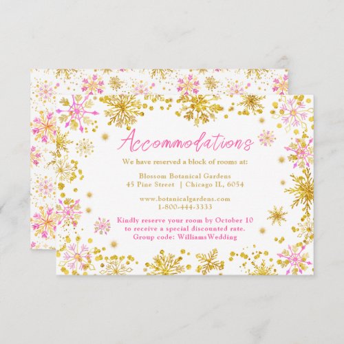 Pink and Gold Snowflakes Wedding Accommodations Enclosure Card