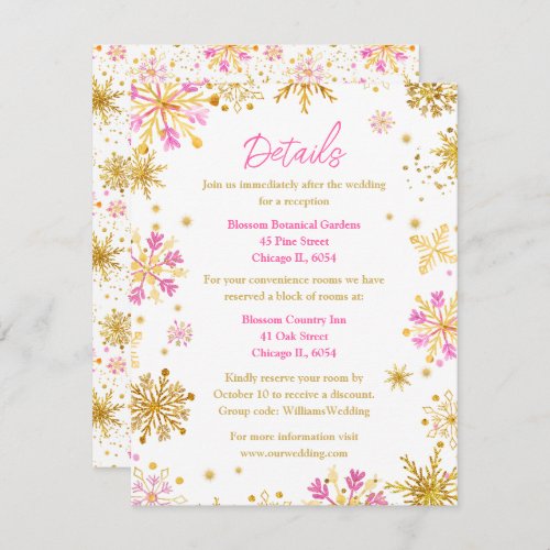 Pink and Gold Snowflakes Wedding Details Enclosure Card