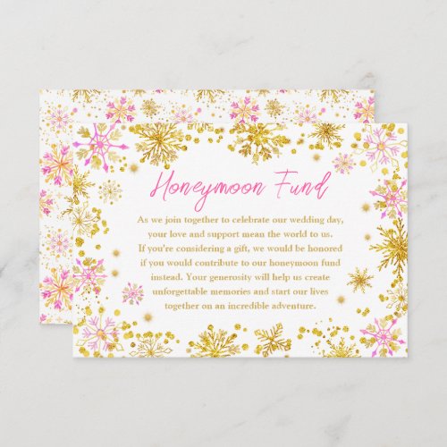 Pink and Gold Snowflakes Wedding Honeymoon Fund Enclosure Card