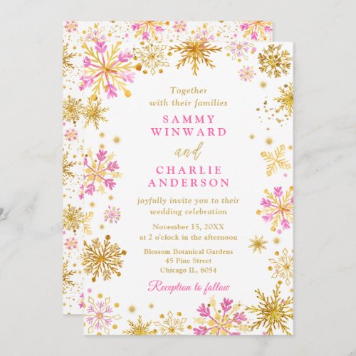Pink and Gold Snowflakes Wedding Invitation