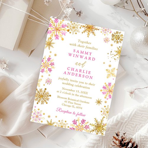 Pink and Gold Snowflakes Wedding Invitation