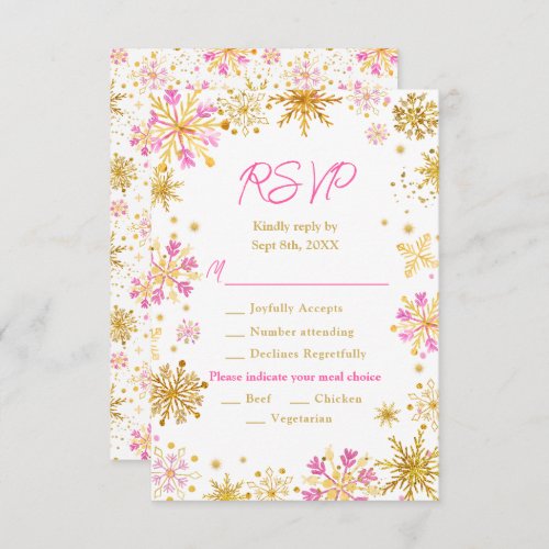 Pink and Gold Snowflakes Wedding Meal Choice RSVP Card