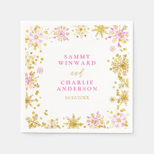 Pink and Gold Snowflakes Wedding Napkins
