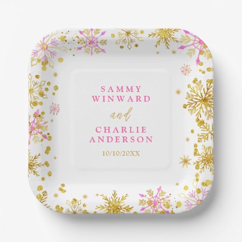 Pink and Gold Snowflakes Wedding Paper Plates