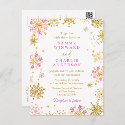 Pink and Gold Snowflakes Wedding Postcard
