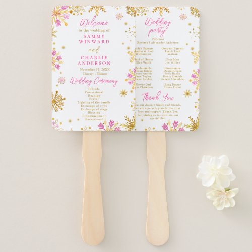 Pink and Gold Snowflakes Wedding Program Hand Fan