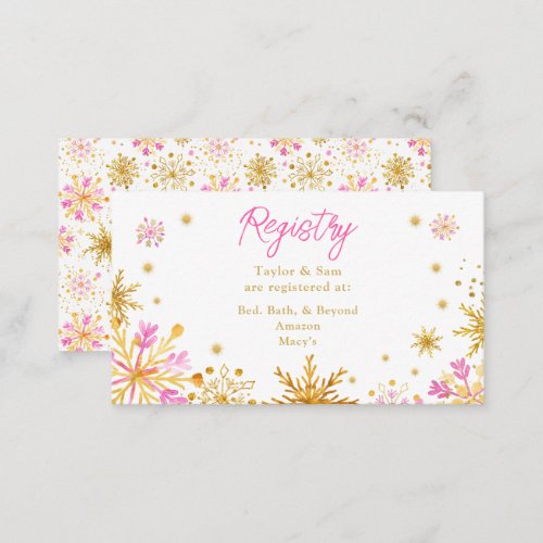 Pink and Gold Snowflakes Wedding Registry Enclosure Card