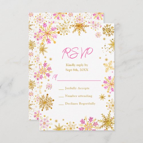 Pink and Gold Snowflakes Wedding RSVP Card